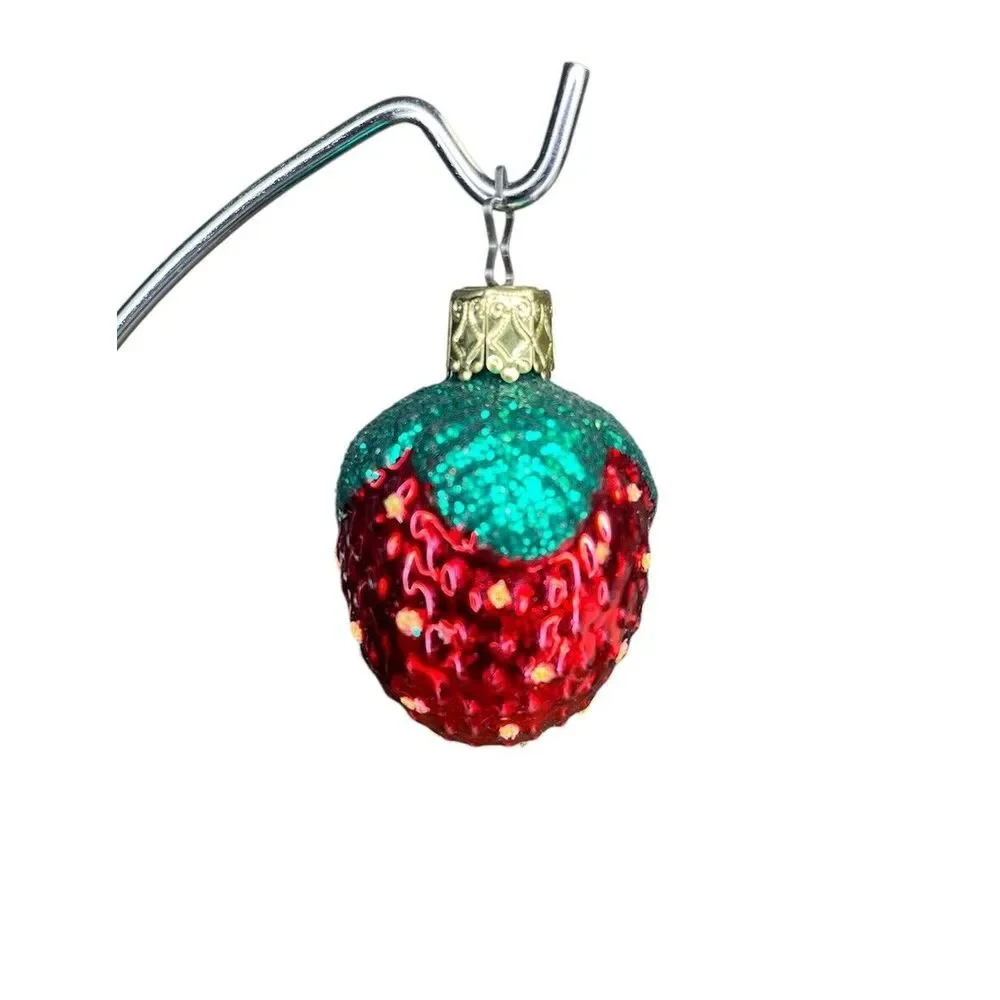 Inge Glas OWC Strawberry Glass Ornament Glitter Star Cap Germany‎ *VTG*